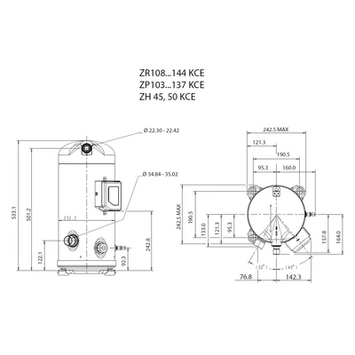 ZH50KCE-TFD-455 Copeland Scroll komp hővisszanyeréshez R134a, 400V,forraszos,észterolaj, alátám nélk